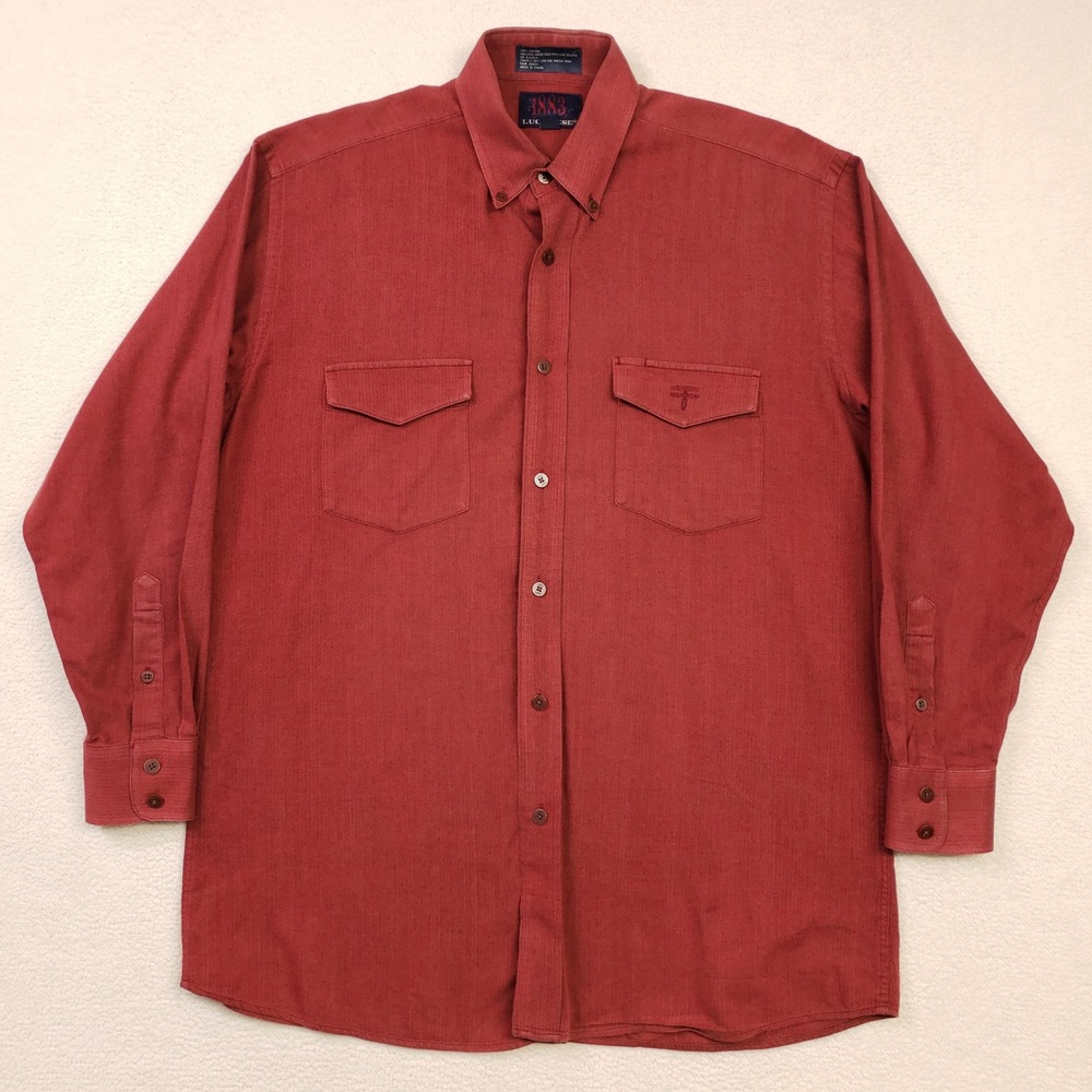 Lucchese Button Down Shirt Men Medium Red Herringbone Western Cotton Long Sleeve